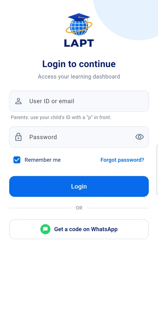 LAPT-UK app login screen